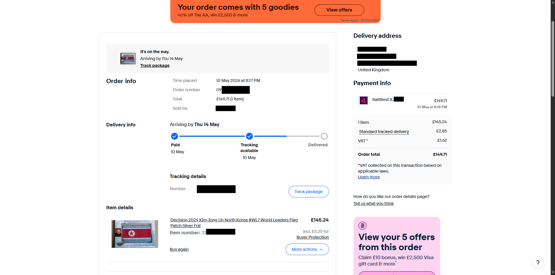 eBay order receipt for Decision 2024 Kim Jong Un #WL7 Silver Foil