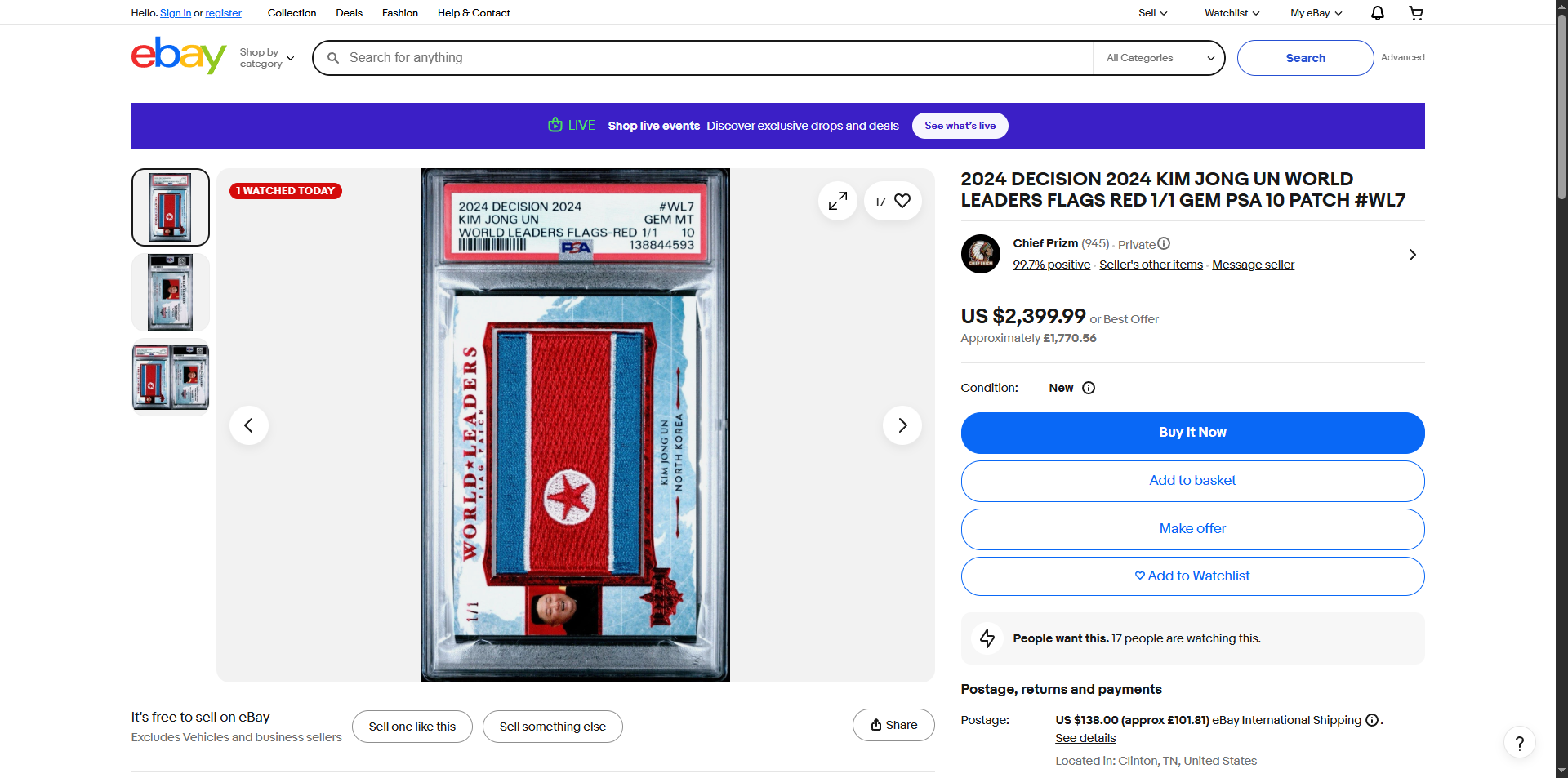 eBay listing for Kim Jong Un — Red 1/1 Gem PSA 10